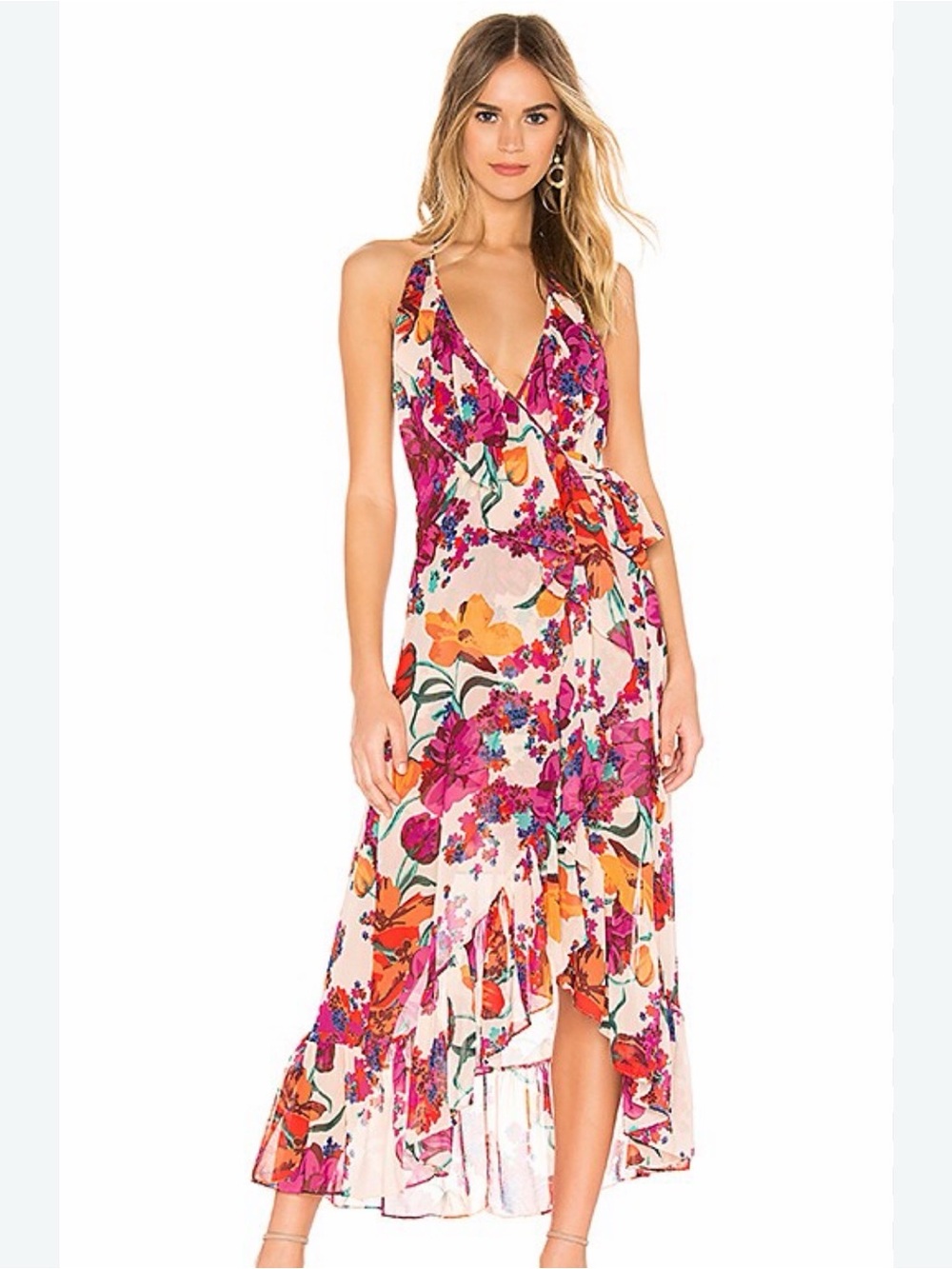 Misa Los Angeles Pink Floral High-Low Wrap Maxi Dress with Orange Accents